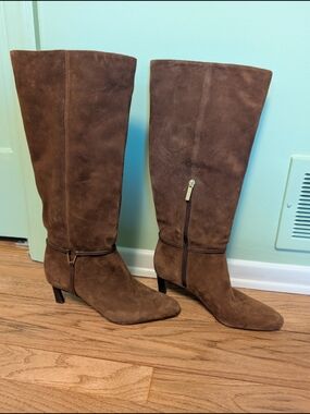 Veronica Beard Kenzie Wide Calf Brown Suede Knee-High Heeled Boots